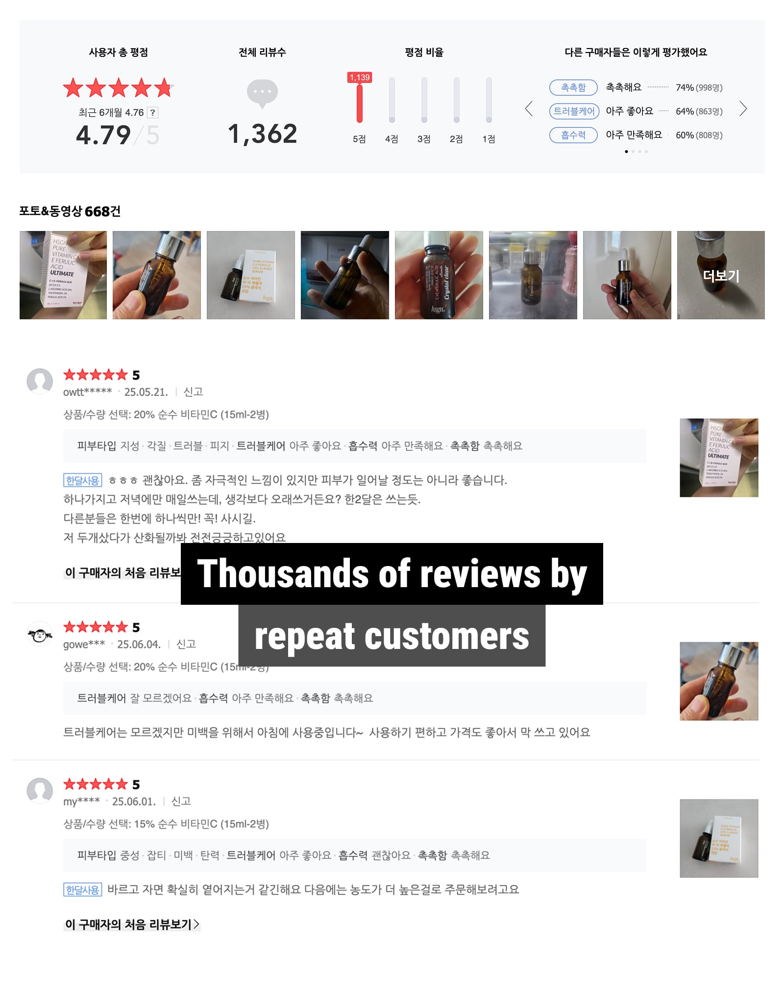 HSGN Vitamin C E Ferulic Serum 5 out of 5 star reviews written by Korean customers