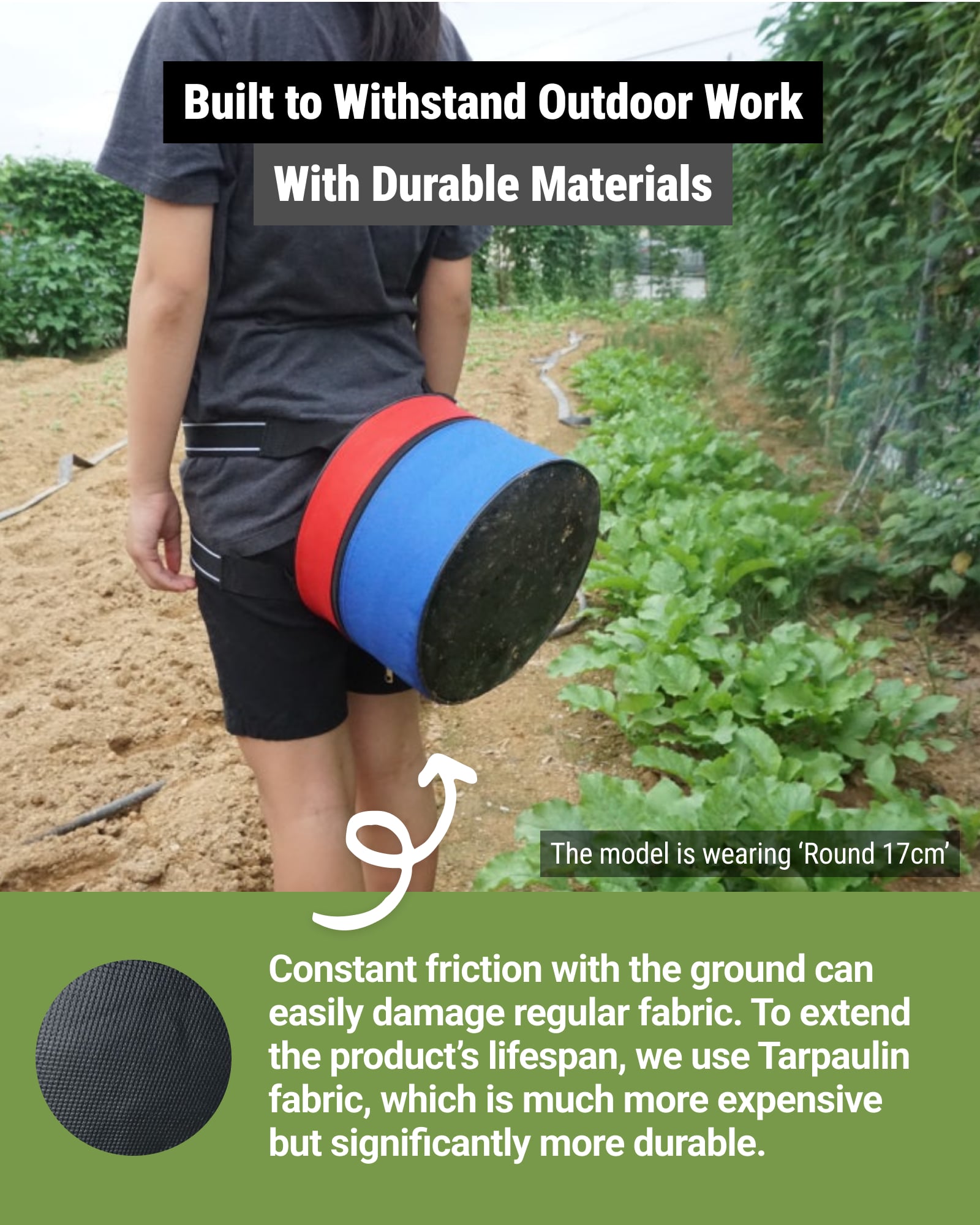 Wearable garden stool with durable material at the bottom for friction against the ground.