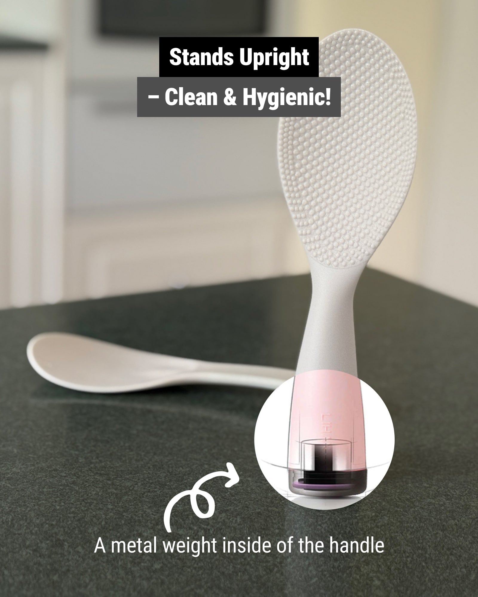 Self-standing rice scooper with weight inside the handle.