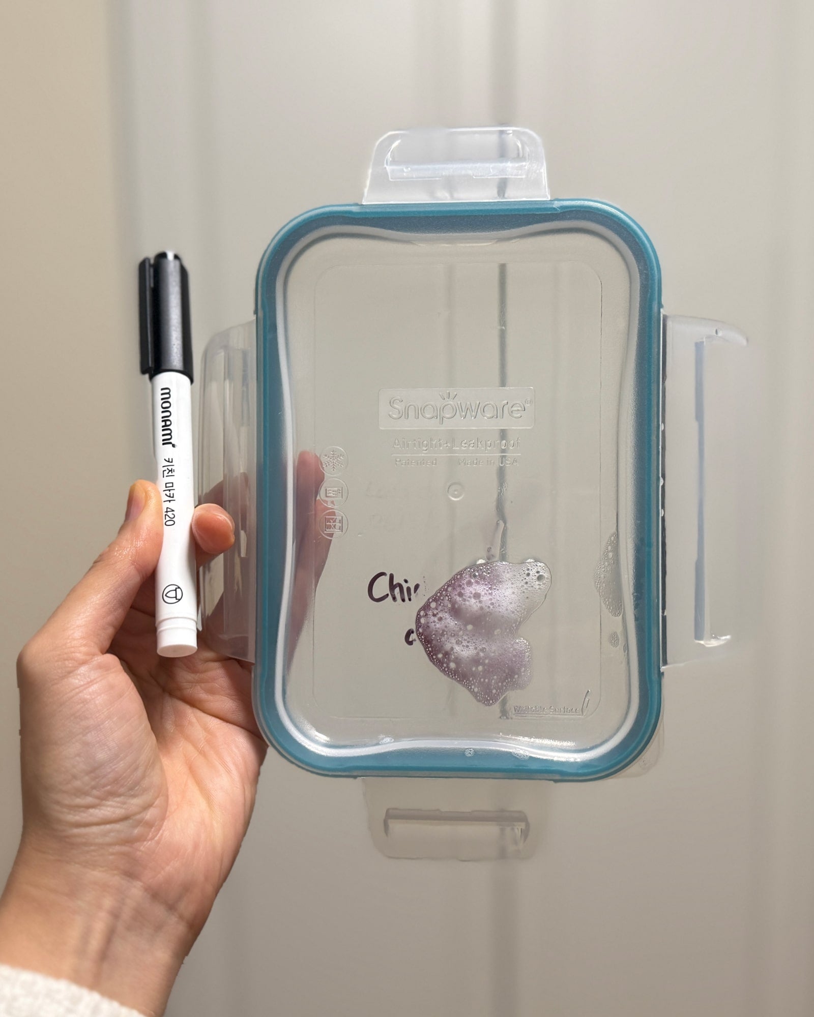 Washable Kitchen Marker Pen with a plastic food container lid showing a hand-written letters