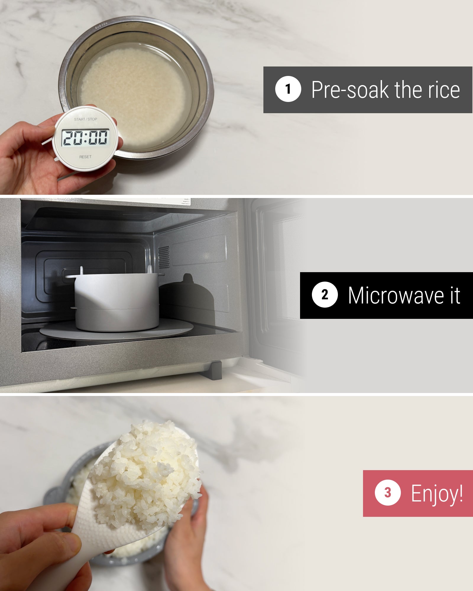 Steps to make low sugar cooked rice. Pre-soak the rice for 20 min before microwaving it.