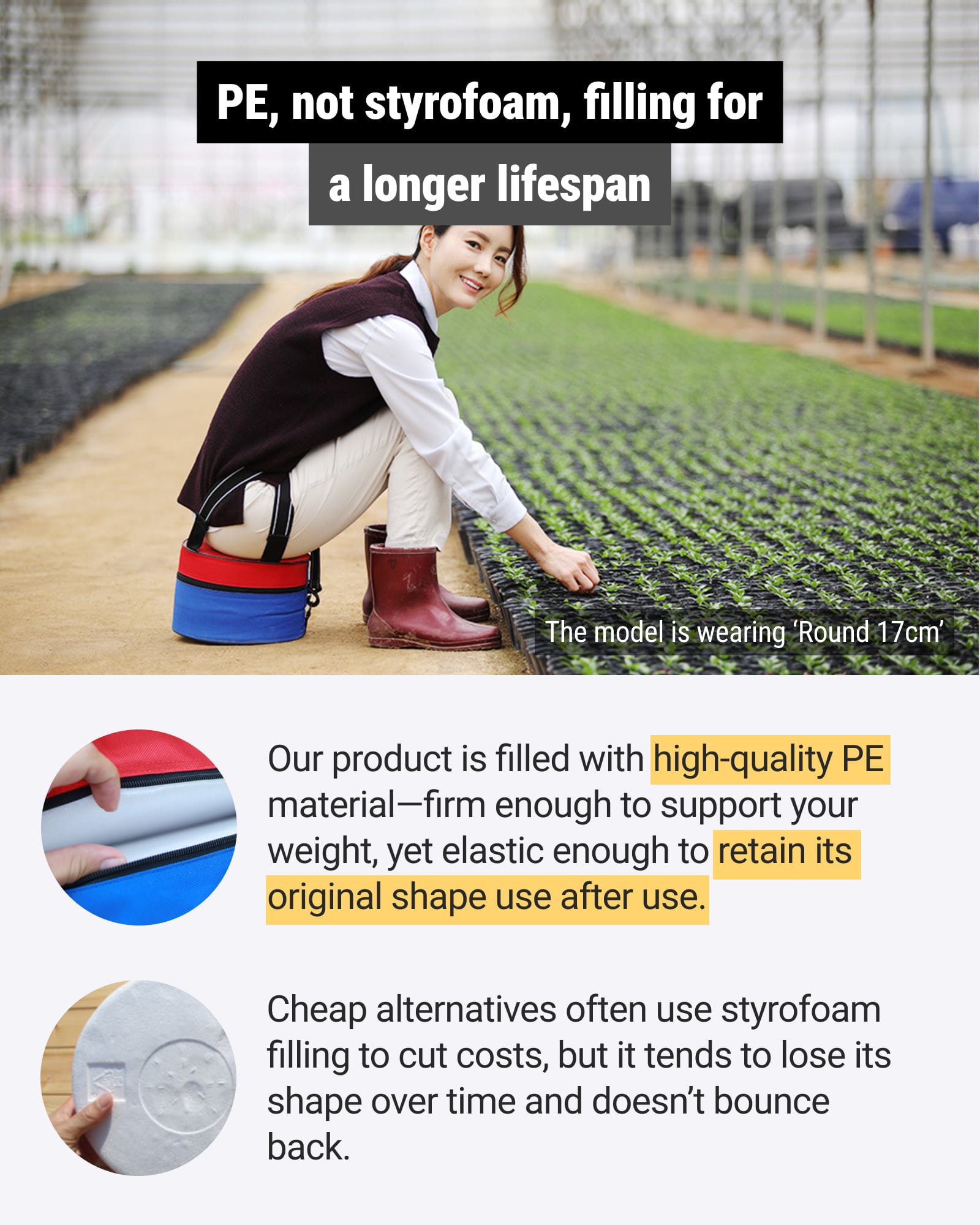 Wearable garden stool with PE filling for a longer longevity.