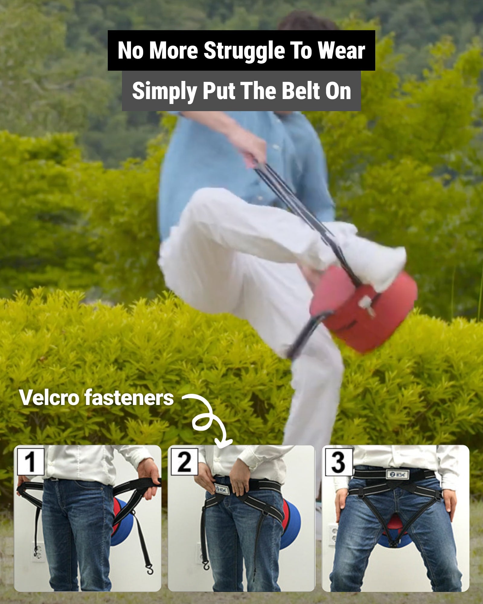 Wearable garden stool with velcro fasteners belt for easy wear.