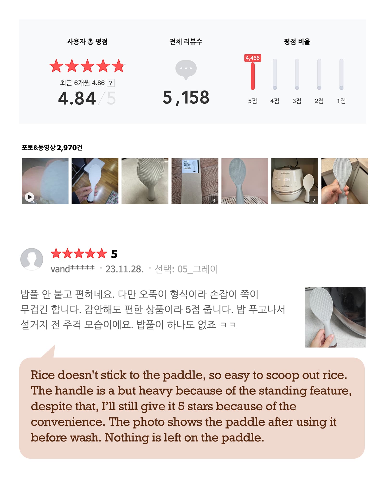 5158 of 5 star reviews written by Korean customers about the rice scooper.