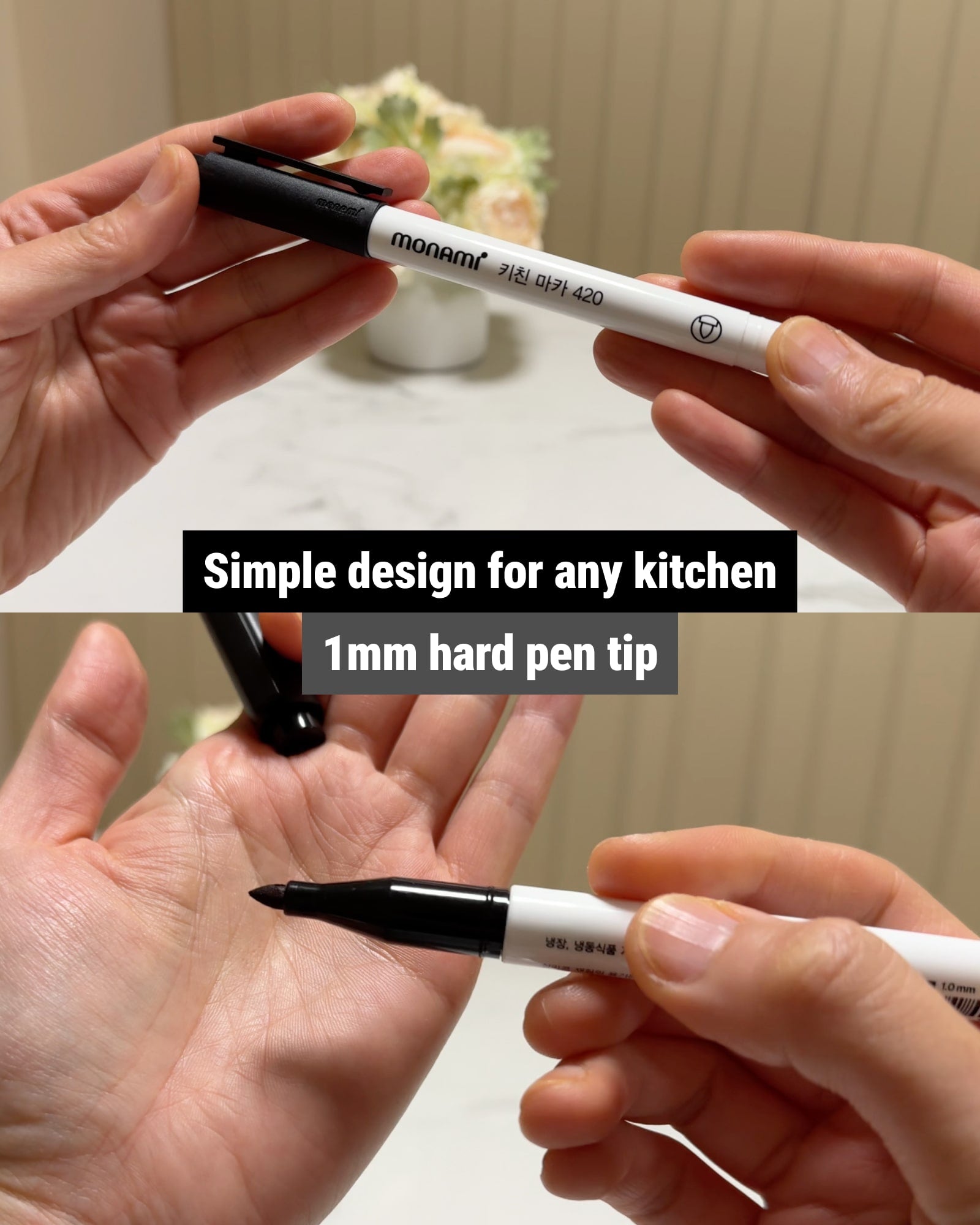 Washable Kitchen Marker Pen showing the 1mm black hard pen tip