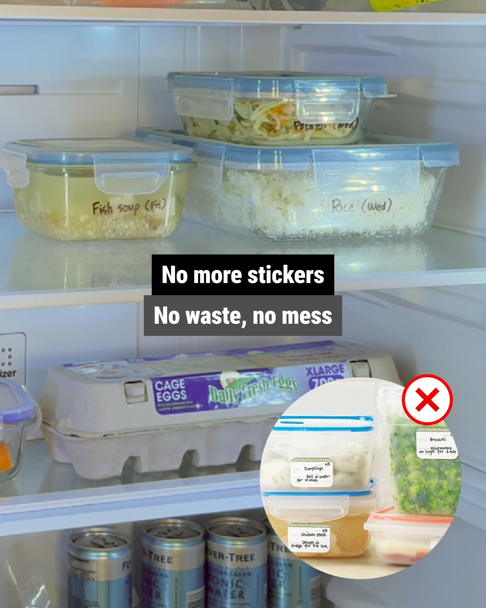 Food storage containers with hand written names on them