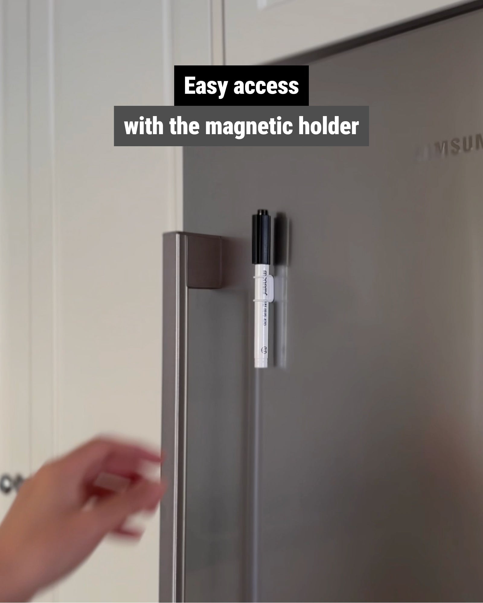 Washable Kitchen Marker Pen on a fridge with a magnetic pen holder